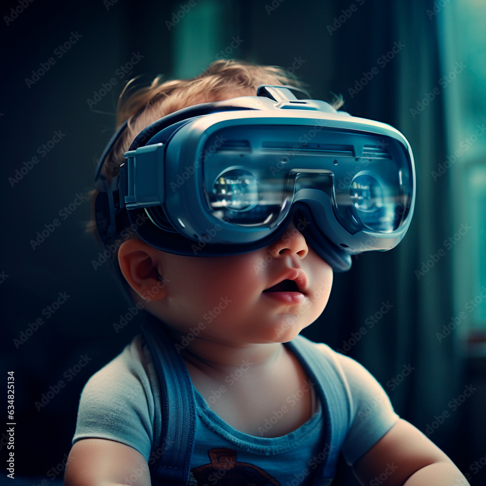AI generated: Technological baby with virtual reality goggles. High detail.