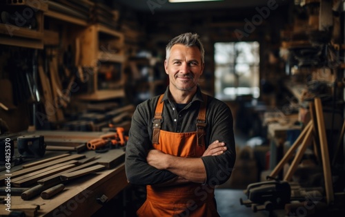 Bathed in the soft, natural light of the workshop, a skilled woodworker demonstrates his craftsmanship using a variety of tools.