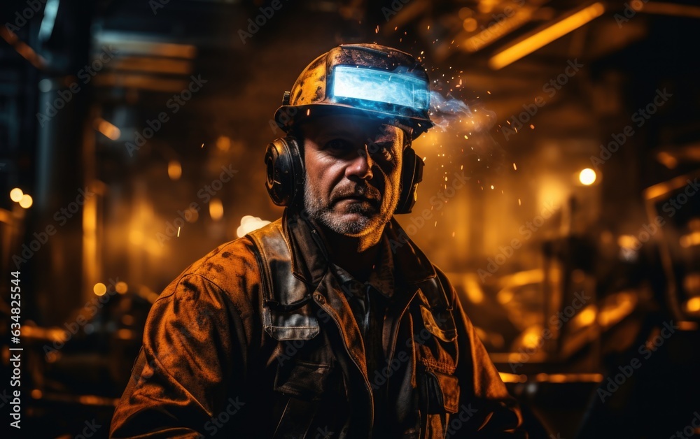 Expertise in action: a seasoned worker forges strong connections under the shimmering light of welding sparks.