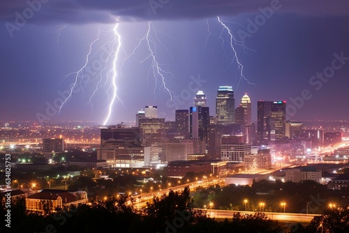 Lightning illuminates city skyline at night. Generative AI