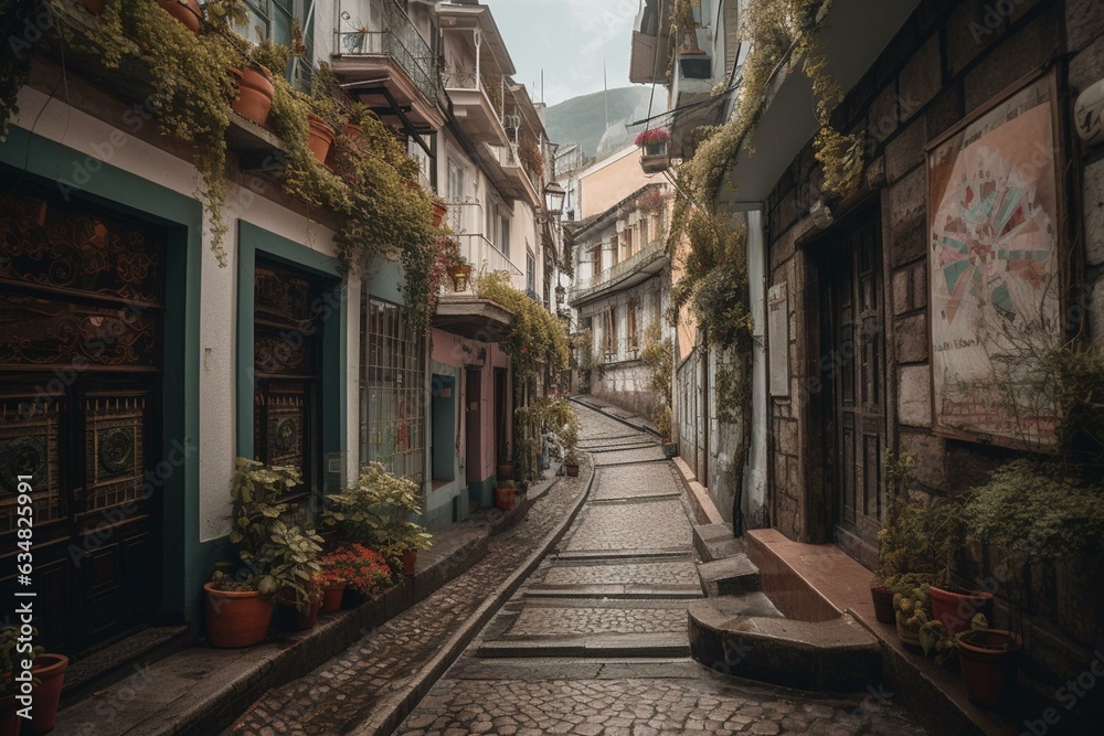 Quito's charming colonial district showcases a picturesque historic street. Generative AI