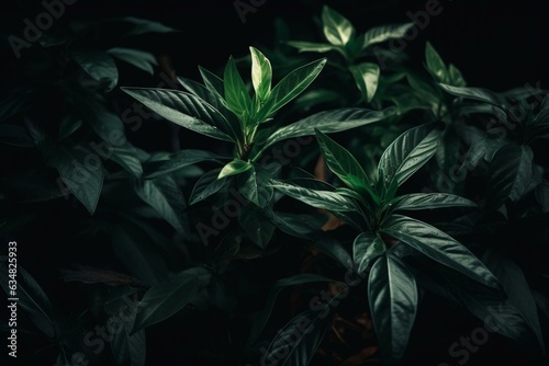 A lush plant with numerous green leaves thriving amidst the darkness of the night. Generative AI