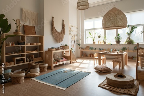 Tranquil Montessori play area allowing imaginative play with spaciousness. Generative AI