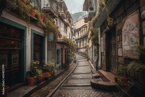 Quito's charming colonial district showcases a picturesque historic street. Generative AI © Miriam