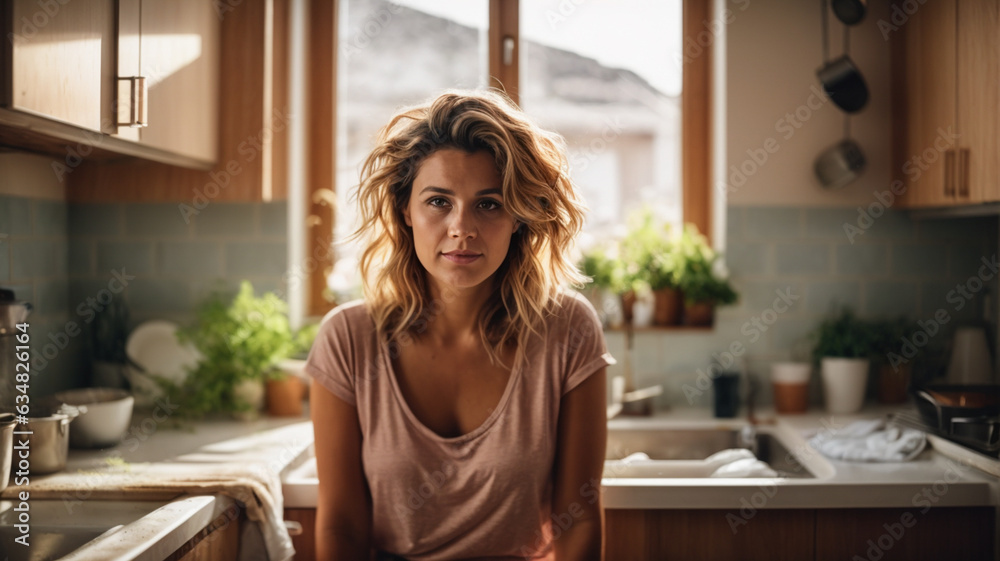 Lonely woman in the kitchen feeling depressed and stressed sitting on the floor with sad look, burdened with housework, postpartum, negative emotion and mental health concept - obrazy, fototapety, plakaty 
