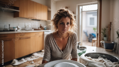 Lonely woman in the kitchen feeling depressed and stressed sitting on the floor with sad look, burdened with housework, postpartum, negative emotion and mental health concept
