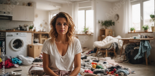 Lonely woman in living room feeling depressed and stressed with sad look, burdened with housework, disheveled and depressed looking, postpartum, negative emotion and mental health concept