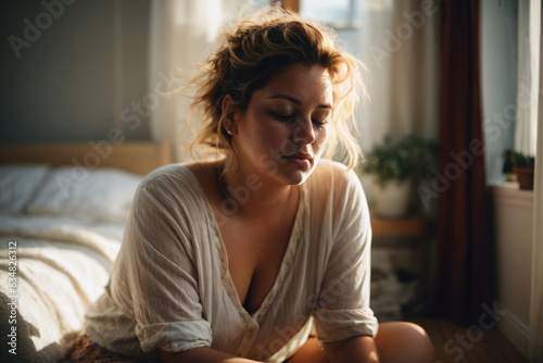 Young lonely caucasian overweight woman feeling depressed and stressed sitting on the bedroom floor looking sad near a window, bullying, negative emotion and mental health concept © anandart