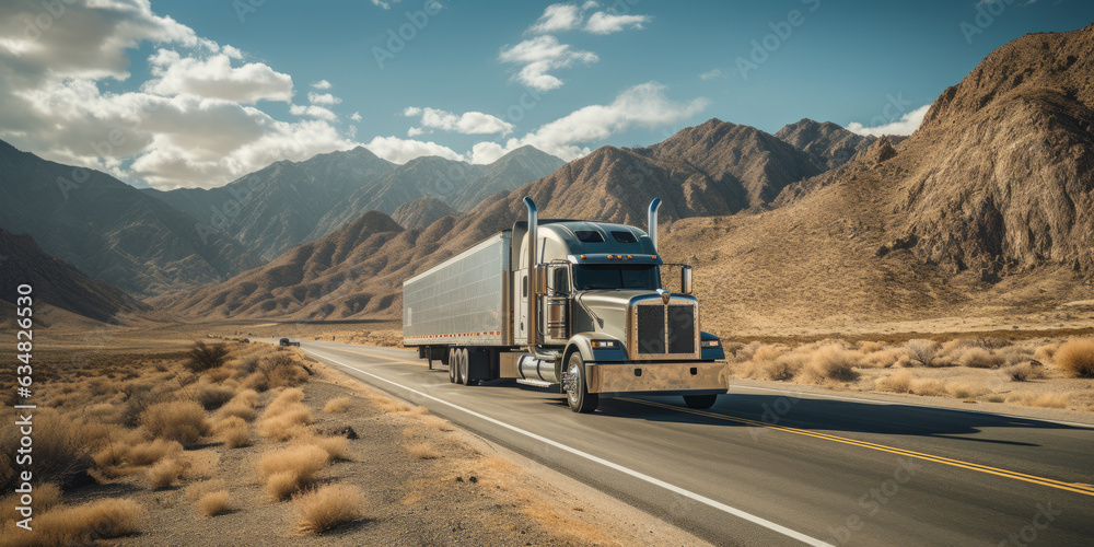 A transport semi-truck effortlessly crossing the expansive terrain.