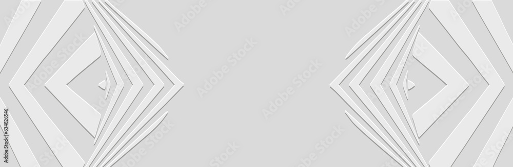 Obraz premium Banner, trendy cover design. Embossed ethnic 3D boho pattern of lines. White background, geometric ornaments in the style of modernism, space for text. Tribal traditions of the East, Asia, India, Mexi