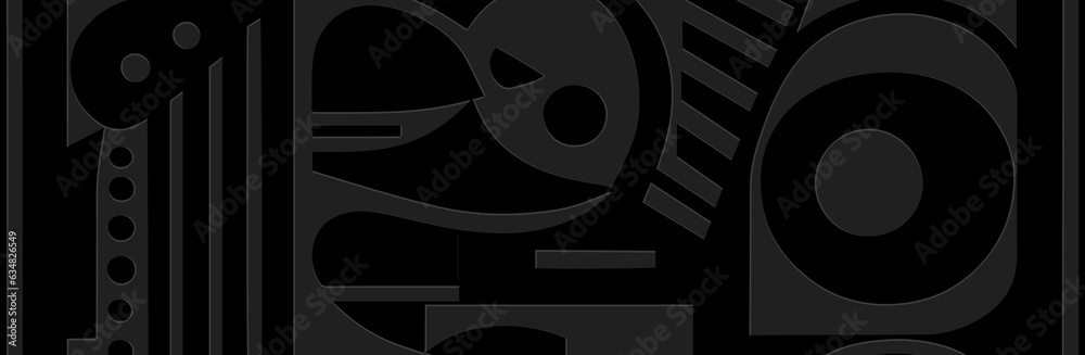 Banner, cover design. Embossed ethnic 3D boho pattern. Black background, geometric abstract ornaments in the style of modernism. Tribal color, traditions of the East, Asia, India, Mexico, Aztec, Peru. Banner, cover design. Embossed ethnic 3D boho pattern. Black background, geometric abstract ornaments in the style of modernism. Tribal color, traditions of the East, Asia, India, Mexico, Aztec, Peru.