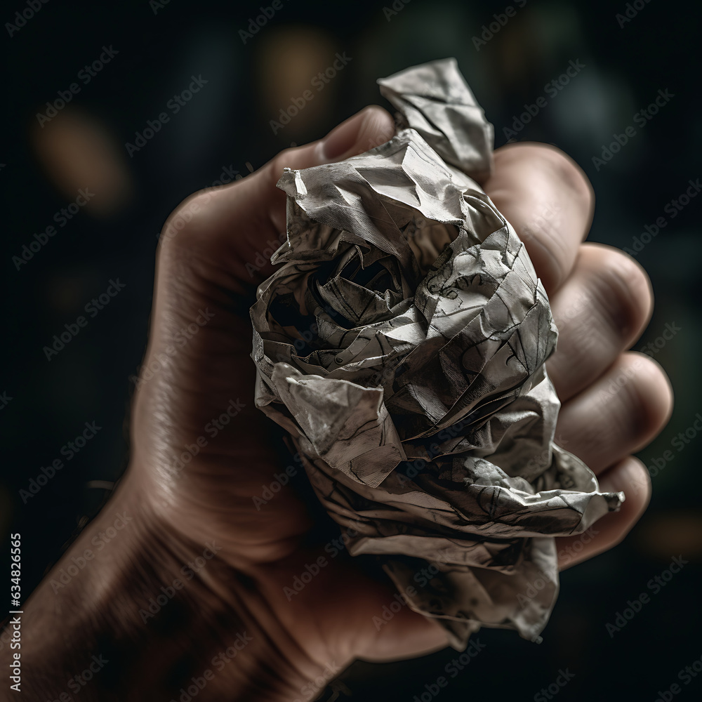 Newspaper in hand, crumpled paper in fist, reading newspaper, throwing