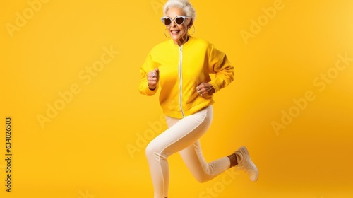 Stylish grandmother in a tracksuit running. Healthy lifestyle in old age