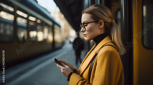 Business woman white skin with glasses waiting on the train station platform looking at her smartphone being busy, illustration, generative AI