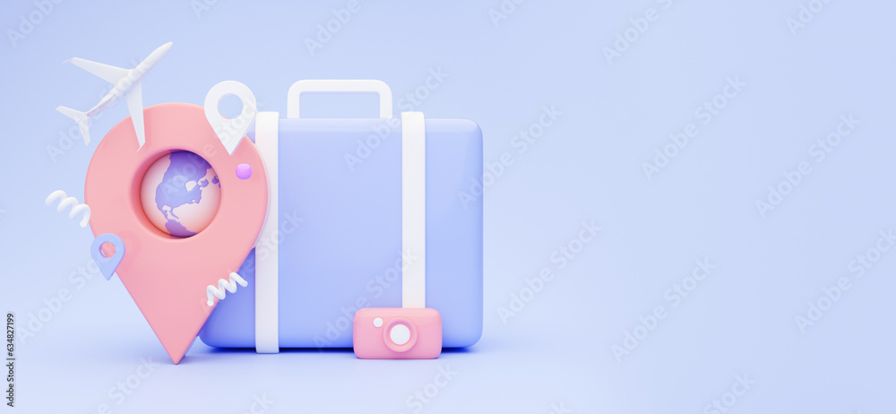 Location pin, suitcase, camera and airplane, colorful 3D illustration Location pin, suitcase, camera and airplane, colorful 3D illustration