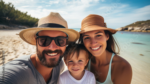 Smiling family in hats on the beach. Family vacation on the Ionian coast.