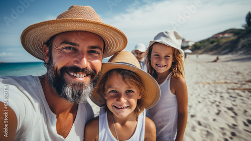 Smiling family in hats on the beach. Family vacation on the Ionian coast. © JKLoma