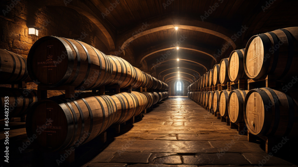Wine barrels in wine vaults, Wine or whiskey barrels, French wooden barrels.