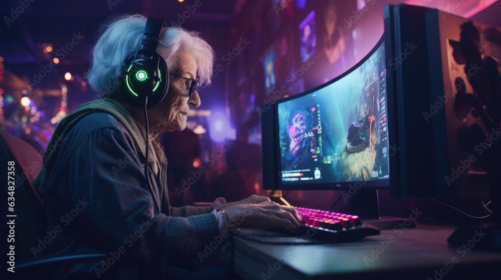 Elderly professional gamer playing online games computer