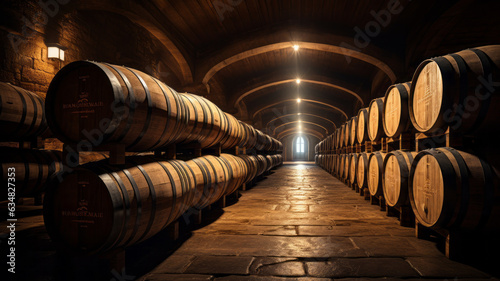 Wine barrels in wine vaults  Wine or whiskey barrels  French wooden barrels.