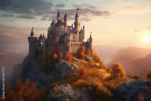 Fantasy castle at sunrise. Digital art. Background illustration. Generative AI