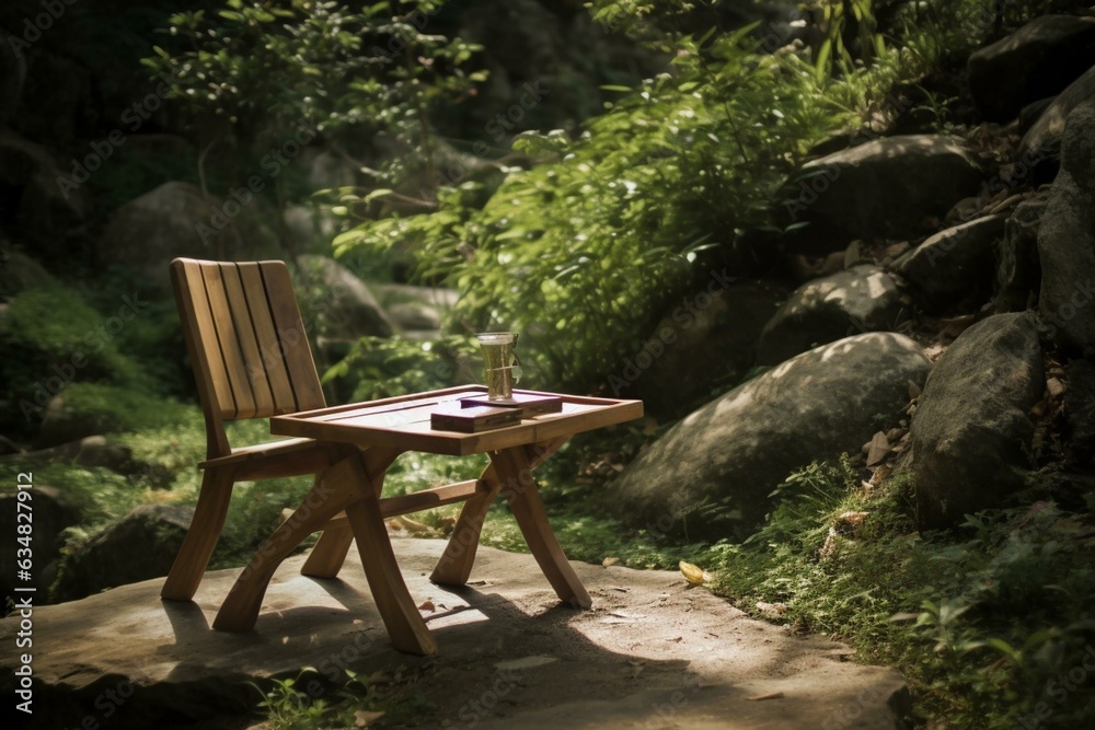 A chair and table amidst nature, evoking zen. Generative AI