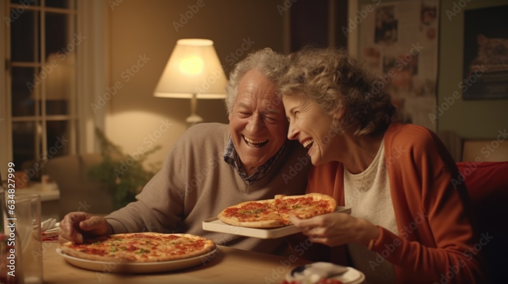 Senior couple having fun together eating pizza at home, sharing the same slice Senior couple having fun together eating pizza at home, sharing the same slice