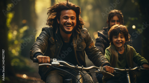 happy ethnic family father, mother with son ride bike in park.