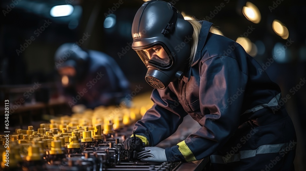 Chemical specialist wear safety uniform and gas mask inspecting chemical leak in industry factory. Generative AI - obrazy, fototapety, plakaty 
