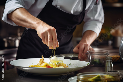 Cook in apron adding some sauce to dish.generative ai