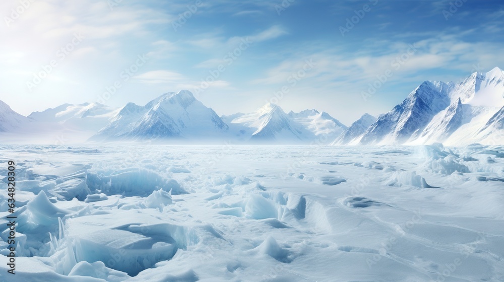 a snow covered landscape with mountains in the distance and a blue sky. generative ai a snow covered landscape with mountains in the distance and a blue sky. generative ai