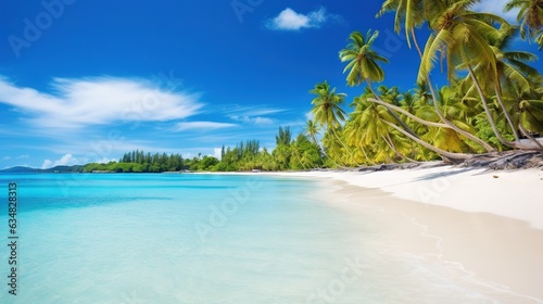  a tropical beach with palm trees and blue water in the foreground. generative ai
