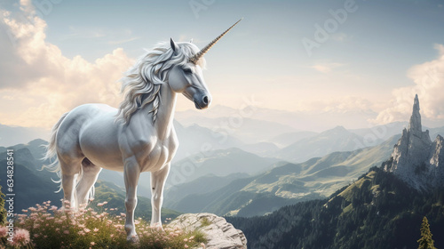 an elegant strong white unicorn standing proudly on a mountain top overlooking a breathtaking landscape