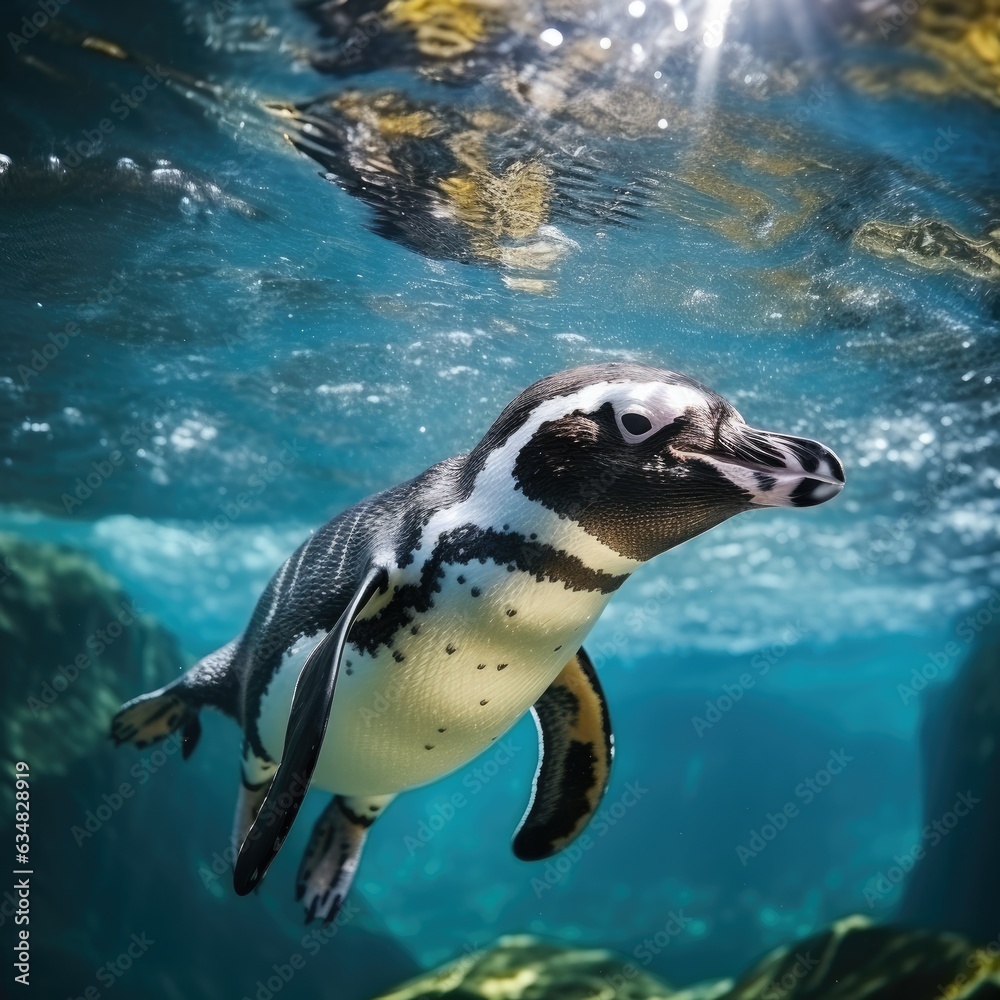 Fototapeta premium Unveiling the Ocean's Secrets: Remarkable Underwater Photography with a Penguin