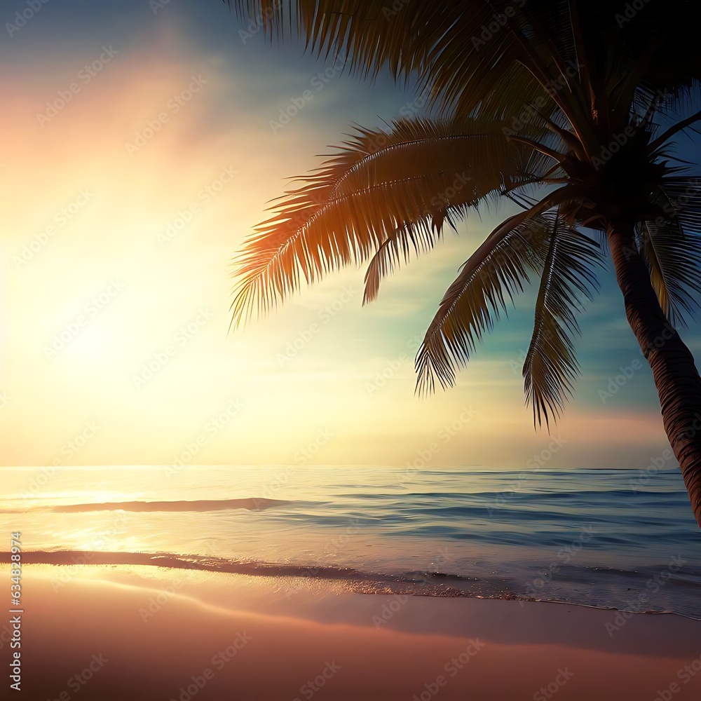 Lone silhouetted palm tree on a sandy beach at sunset, digital illustration