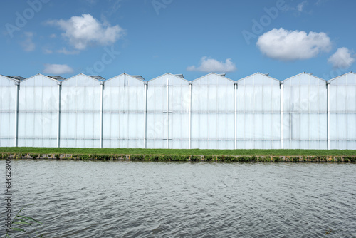 Frontal view of a modern industrial greenhouse in the Westland, the Netherlands. Westland is a region in of the Netherlands. 