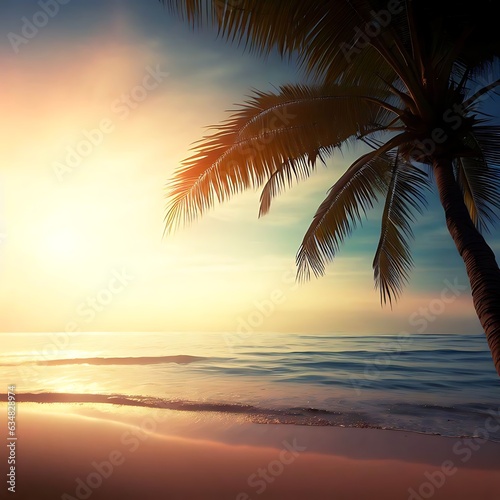 Lone silhouetted palm tree on a sandy beach at sunset, digital illustration