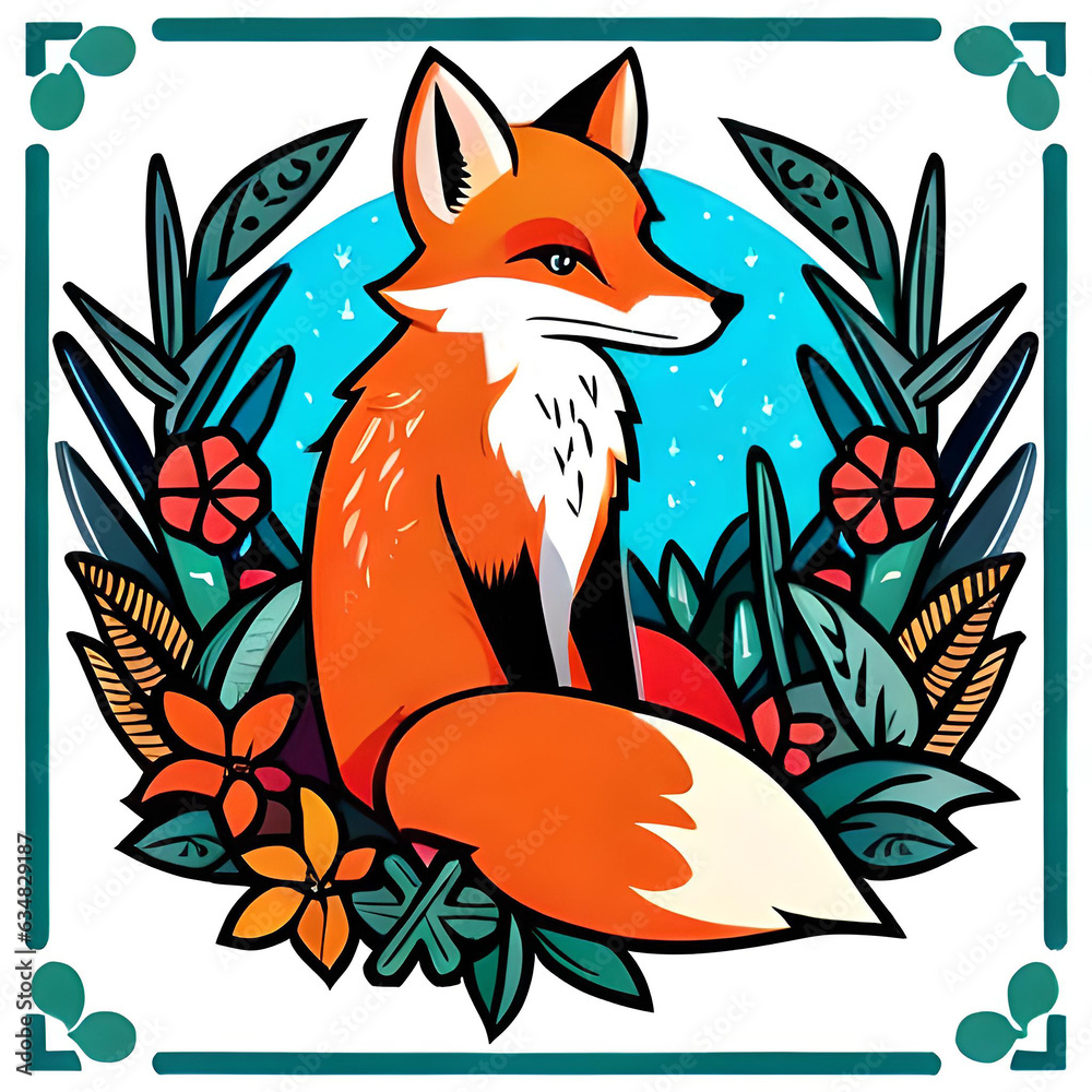 Obraz premium Cute fox on the background of plants. Forest animal. Fox in flat style. Vector. Generative AI