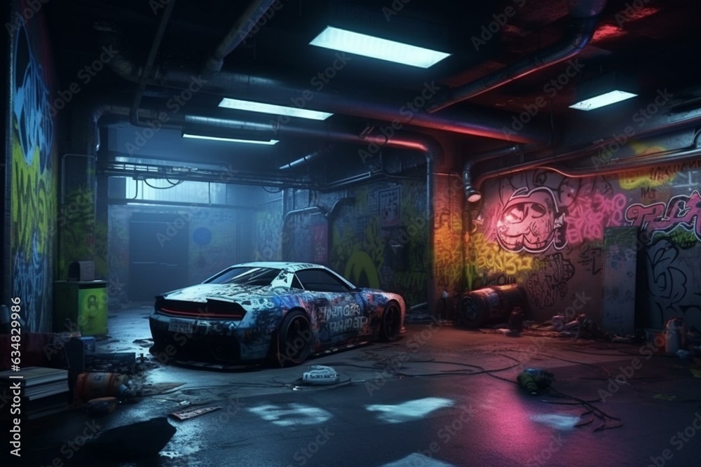 A realistic underground garage with neon lights, grunge graffiti, and sci-fi elements on the walls. Generative AI