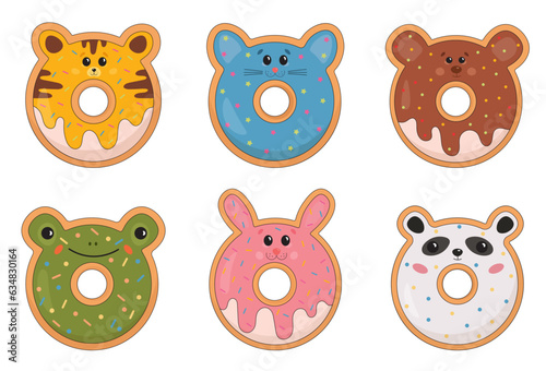 Collection of cheerful, friendly animal shaped donuts. Kawaii smiling donuts, sweets for kids. Bunny, cat, bear, panda, tiger. Dessert set for t-shirt print, stickers, greeting card design.