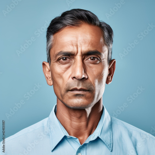 Portrait of a middle-aged Indian man with short black hair. Closeup face of a serious senior man on a blue background looking at the camera. Emotionless Indonesian pensioner man in a blue shirt. photo