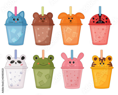 Collection of cheerful, friendly animal shaped lemonade, bubble tea drinks. Kawaii smiling sweets for kids. Bunny, cat, bear, dog, tiger characters. For t-shirt print, stickers, greeting card design.