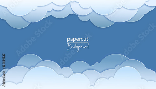 Beautiful fluffy clouds on blue sky background. Paper cut style. Place for text 3d papercut background with top and bottom cloudy sky. Simple weather layered banner. Vector card illustration.
