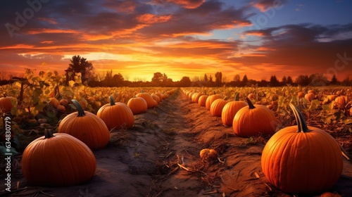  a field full of pumpkins with a sunset in the background. generative ai