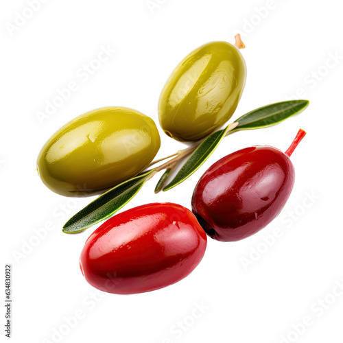 an assortment of Olives with leaves in an isolated and transparent PNG in a Mediterranean food-themed, photorealistic illustration. Generative ai