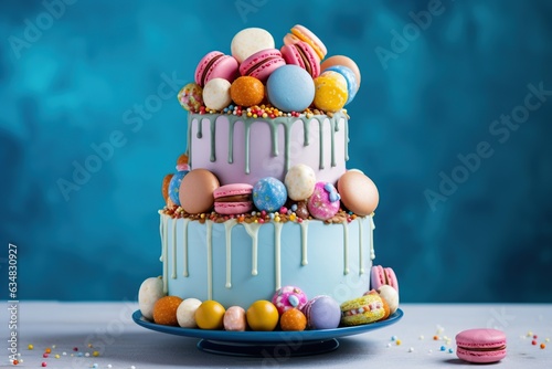 Birthday colorful cake decorated with macarons on a blue background.