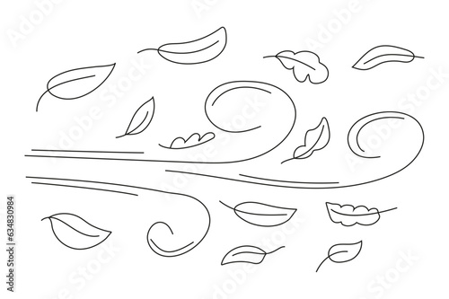 Autumn leaf line sketch vector. Wind doodle blows. Leaf falls down. Strong gust of wind.