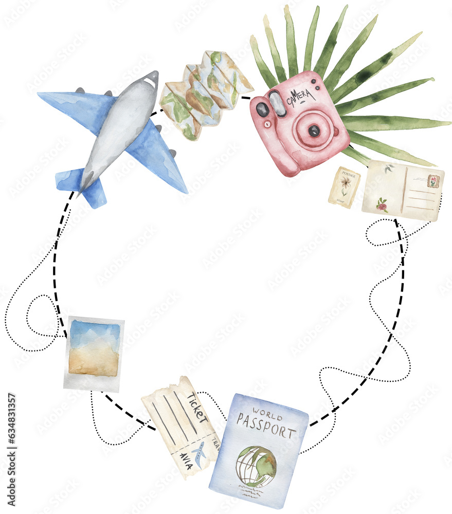 custom made wallpaper toronto digitalTravel watercolor wreath with airplane, camera, map, postcard, tropical eucalyptus leaves