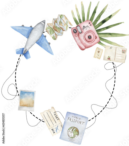 Travel watercolor wreath with airplane, camera, map, postcard, tropical eucalyptus leaves