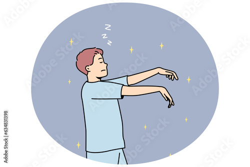 Man in pyjama sleepwalking at night. Young male asleep in pajama walking in sleep. Vector illustration.